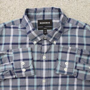 Bonobos Shirt Mens Large Blue Plaid Slim Fit 100% Cotton Long Sleeve Button